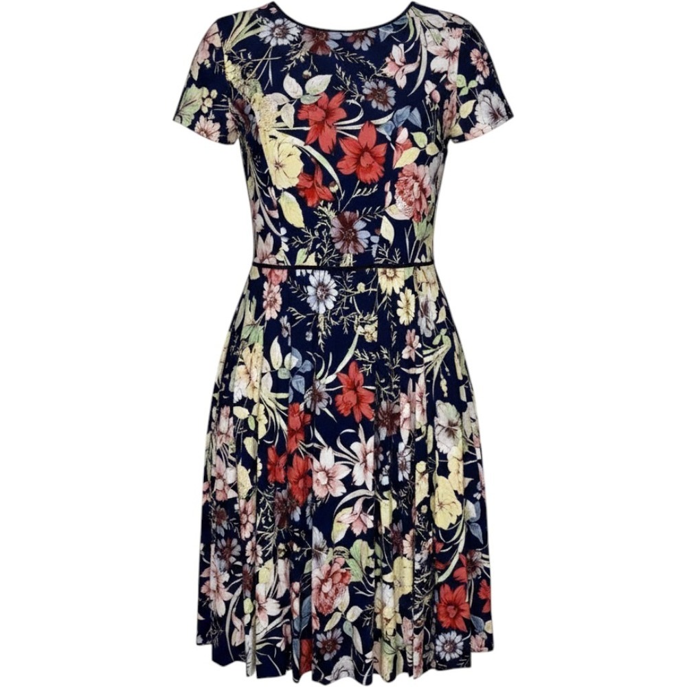 Maggy London Floral Fit and Flare Dress Navy Blue Multicolor Short Sleeve Size 6